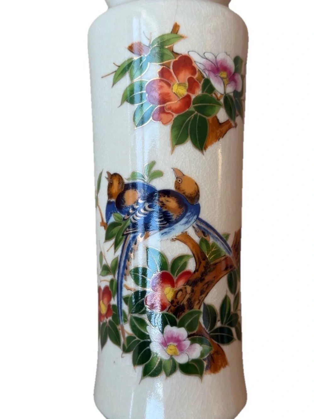 Vintage Japanese Kutani Satsuma Style Vase 11” Crackle Glaze Birds & Camellias - Picture 2 of 9
